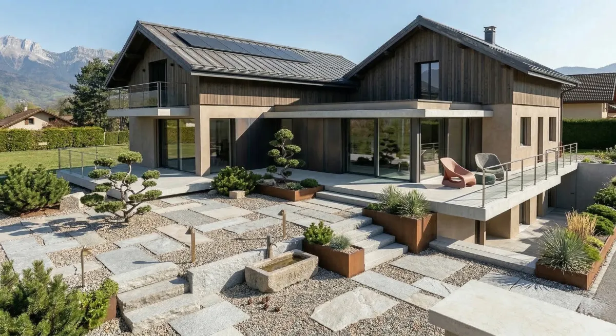 Aménagement extérieur haut de gamme — terrasse et muret en pierre naturelle taillée, Haute-Savoie (74) — Les Gentlemens du Bâtiment